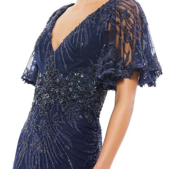 NWT $798 Mac Duggal Flutter Embellished Lace Gown Midnight Blue SZ 6 67493 - Picture 2 of 11